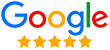 Logo Google coloré avec cinq étoiles dorées en dessous, indiquant une évaluation parfaite ou élevée de 5 étoiles sur Google.